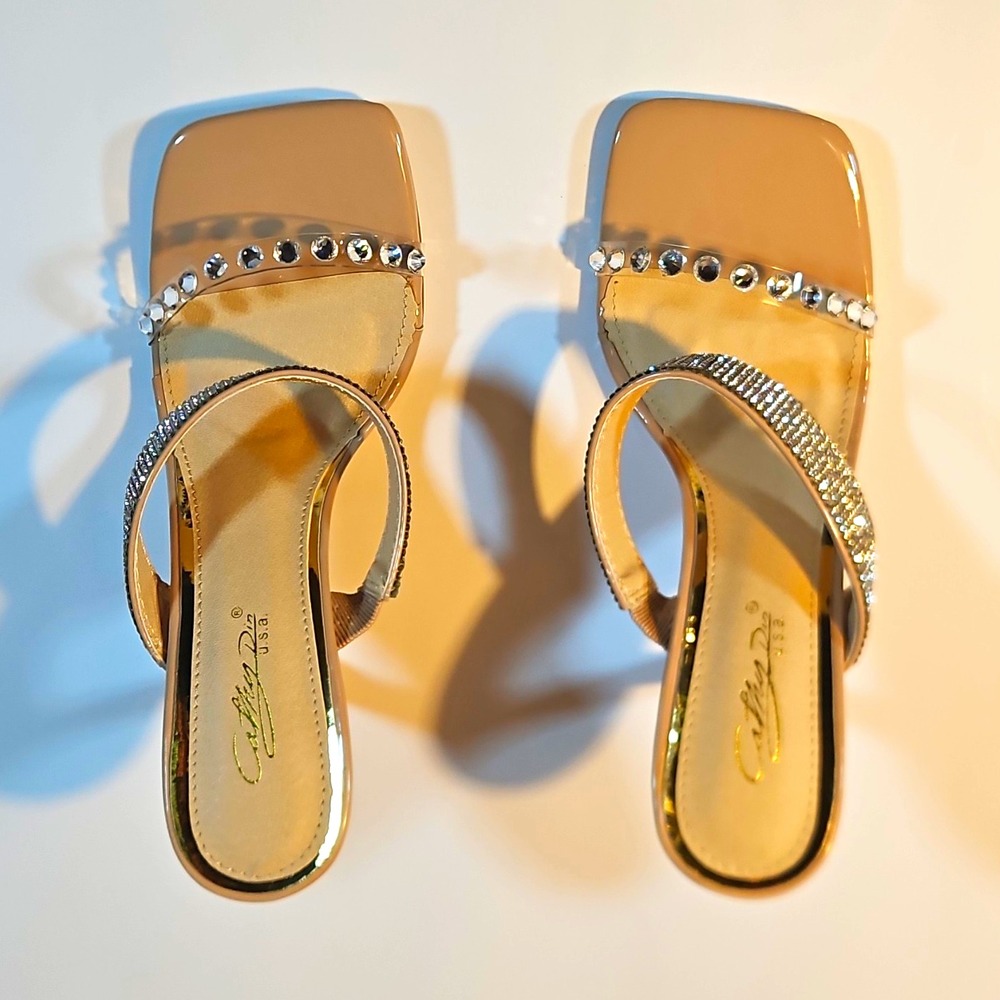 Cathy Din Nude Rhinestone Studded Strappy Slip On Stiletto Square Toe 8